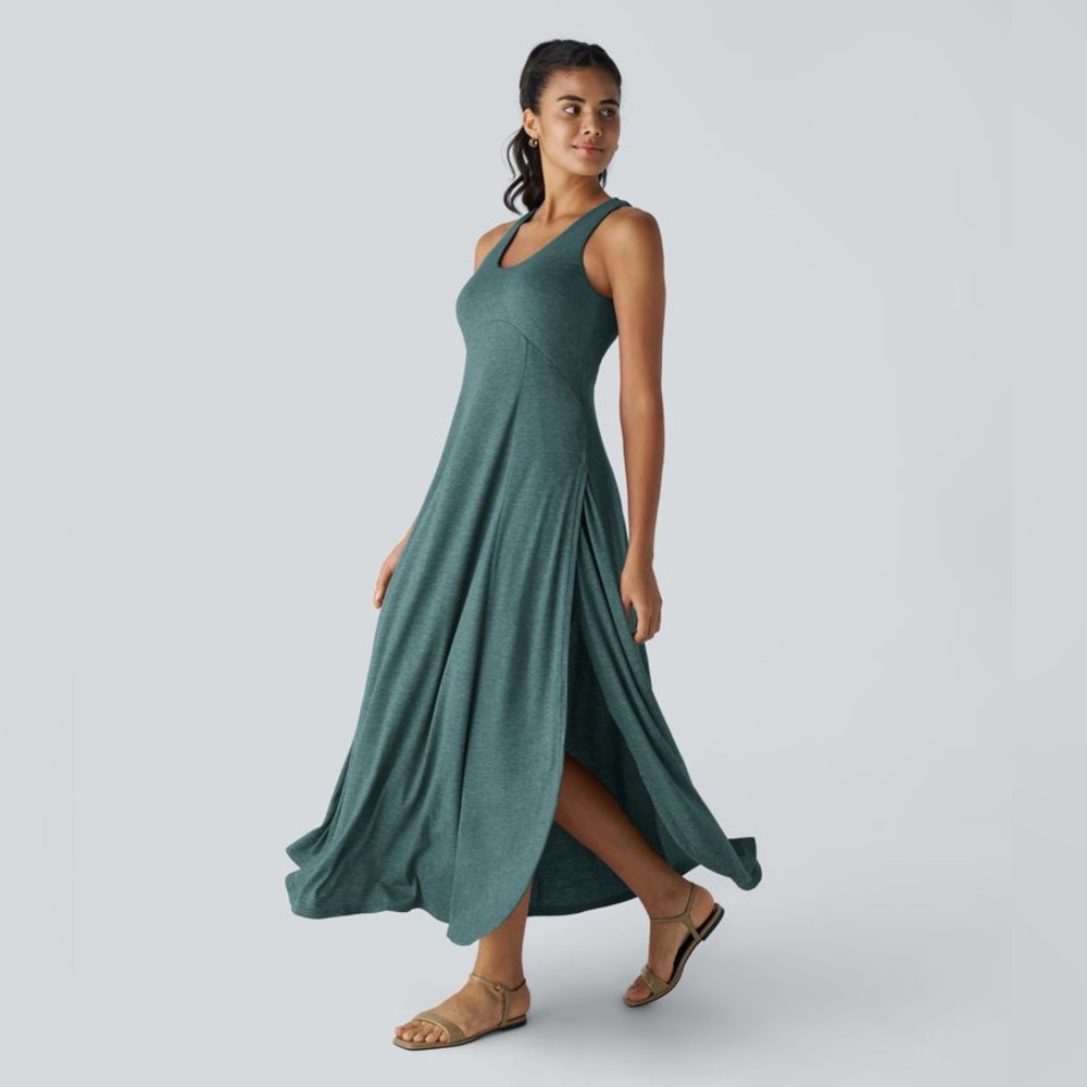 NWT Halara U Neck Backless Split Flowy Maxi Tank Dress Jade Green Large